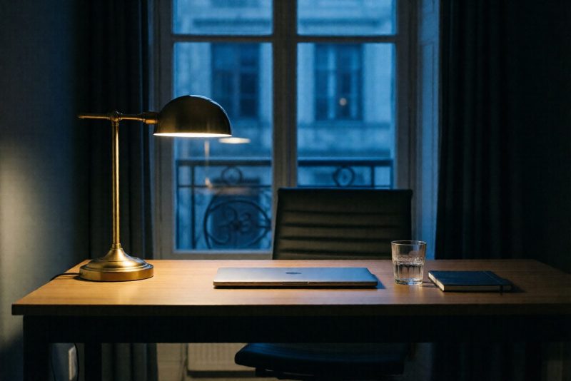 Bureau apaisé en fin de journée, lampe allumée