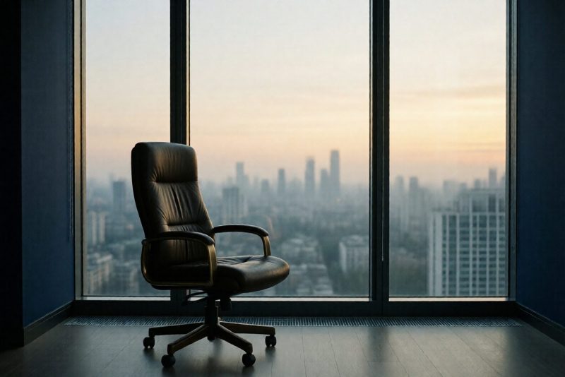 Fauteuil de direction seul face à une grande baie vitrée