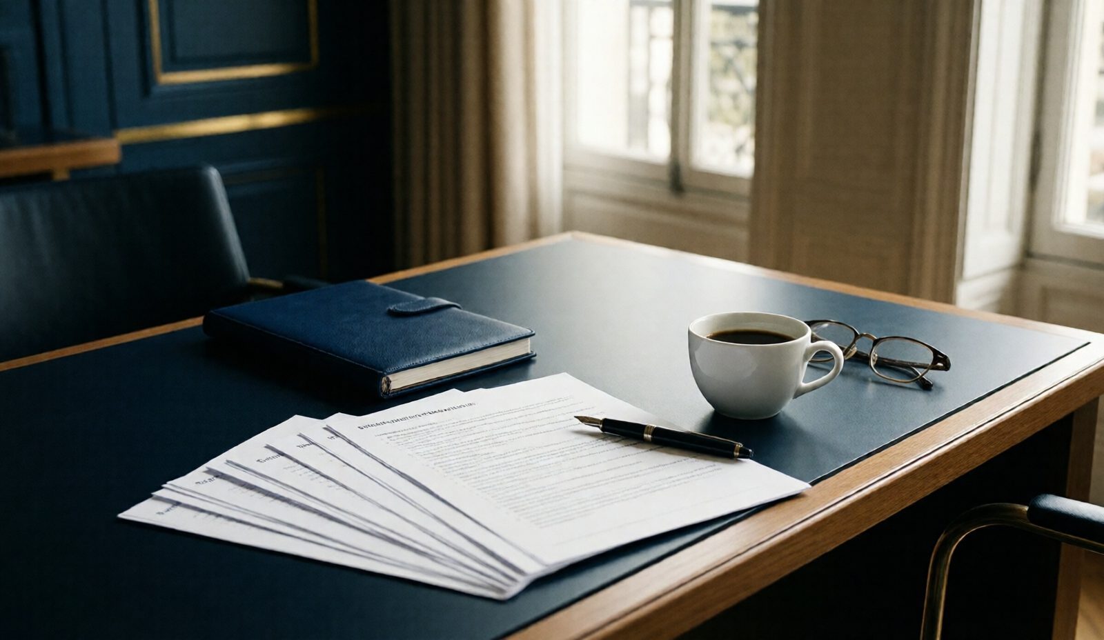 Table de travail avec documents, carnets et stylo, ambiance feutrée