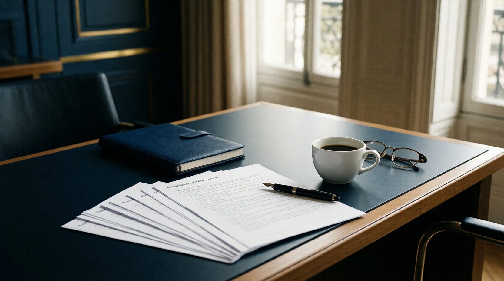 Table de travail avec documents, carnets et stylo, ambiance feutrée