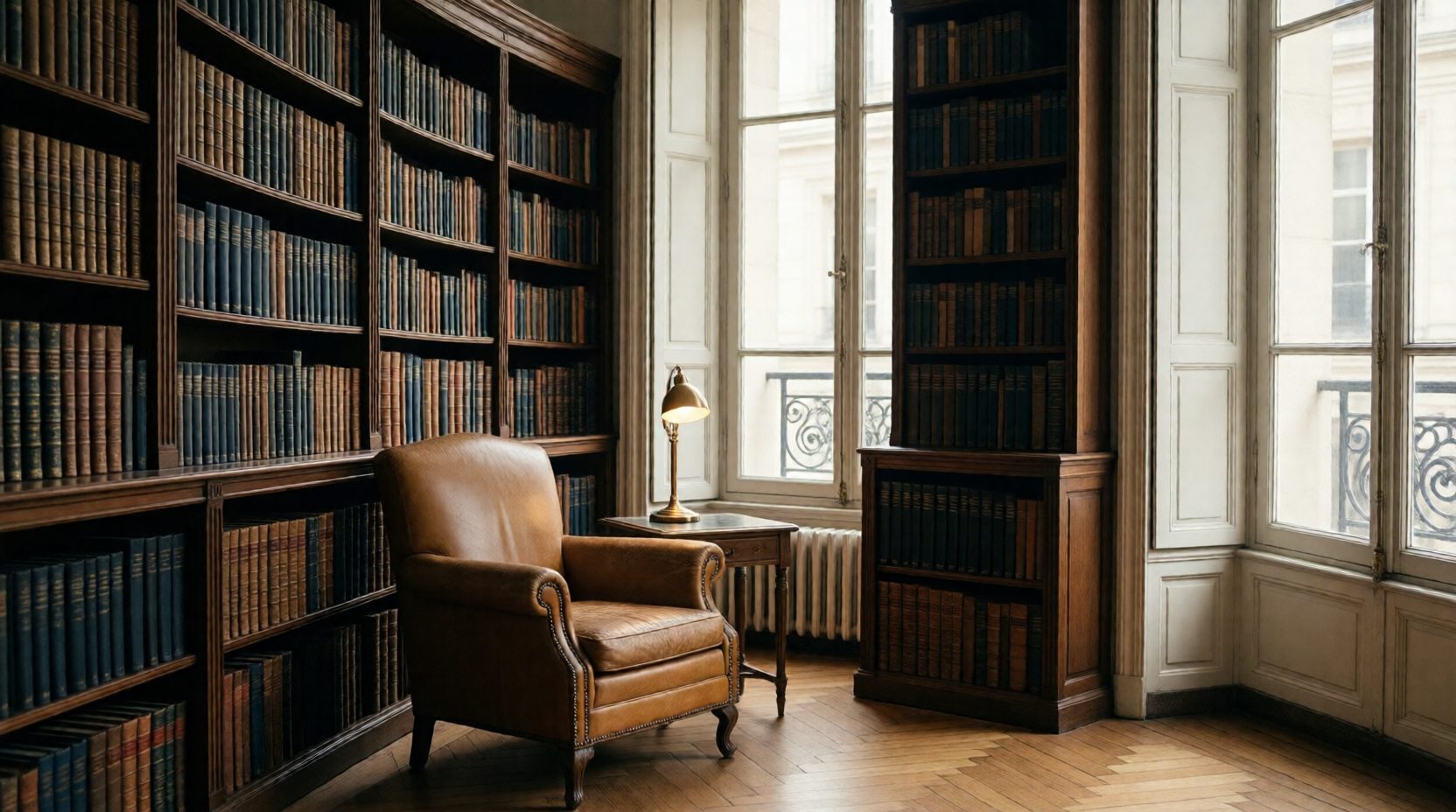 Bibliothèque du cabinet, ouvrages de management et fauteuil de lecture