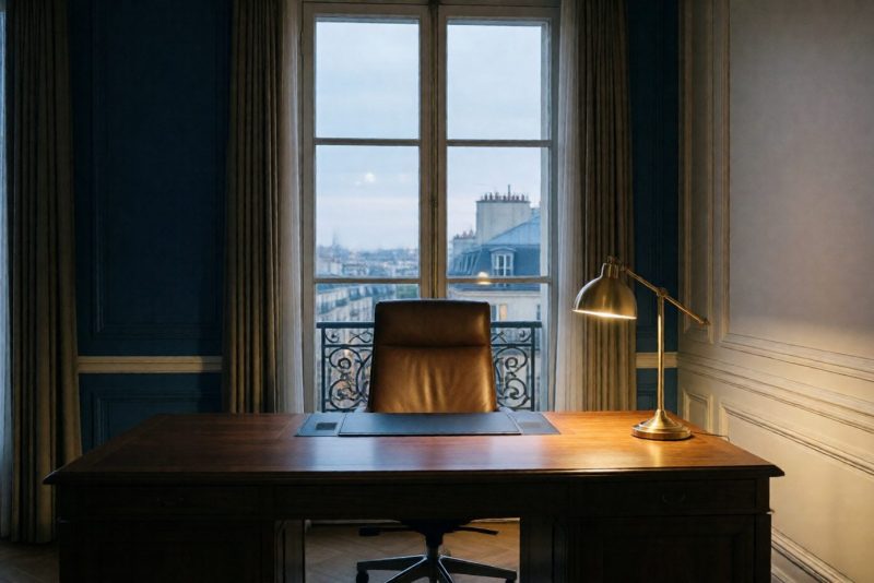Bureau de direction feutré ouvert sur les toits de la ville
