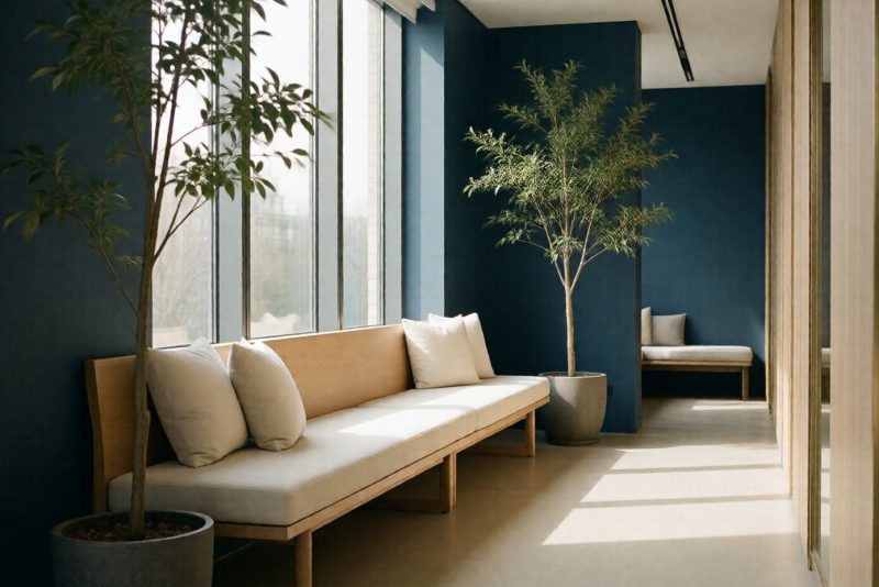 Espace de respiration lumineux dans des bureaux contemporains
