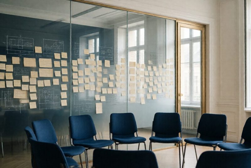 Grand tableau de travail couvert de notes lors d'un séminaire de transformation