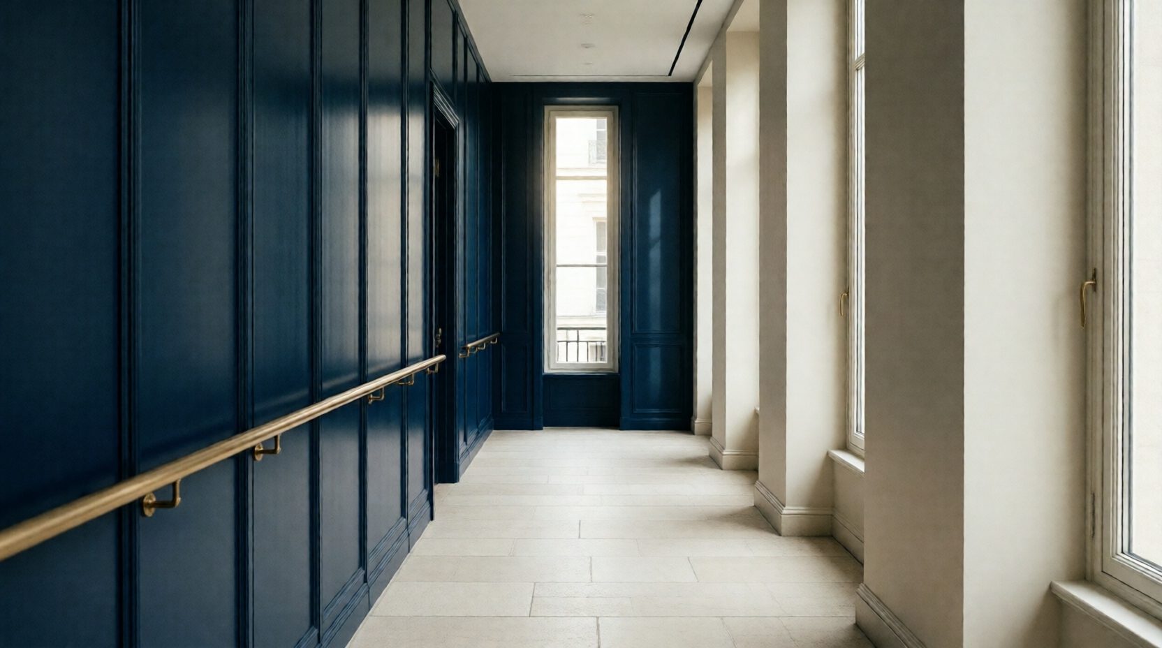 Perspective architecturale épurée d'un hall de bureaux premium